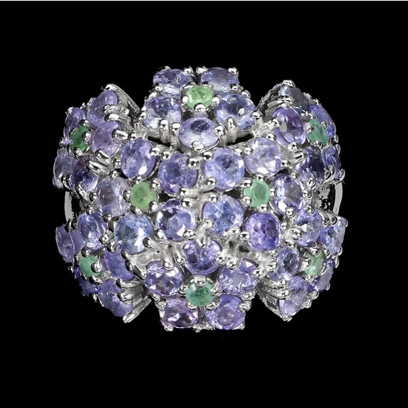 Ring Size 8.5 Round Blue Tanzanite 3 mm Emerald 925 Sterling Silver - Picture 2 of 3